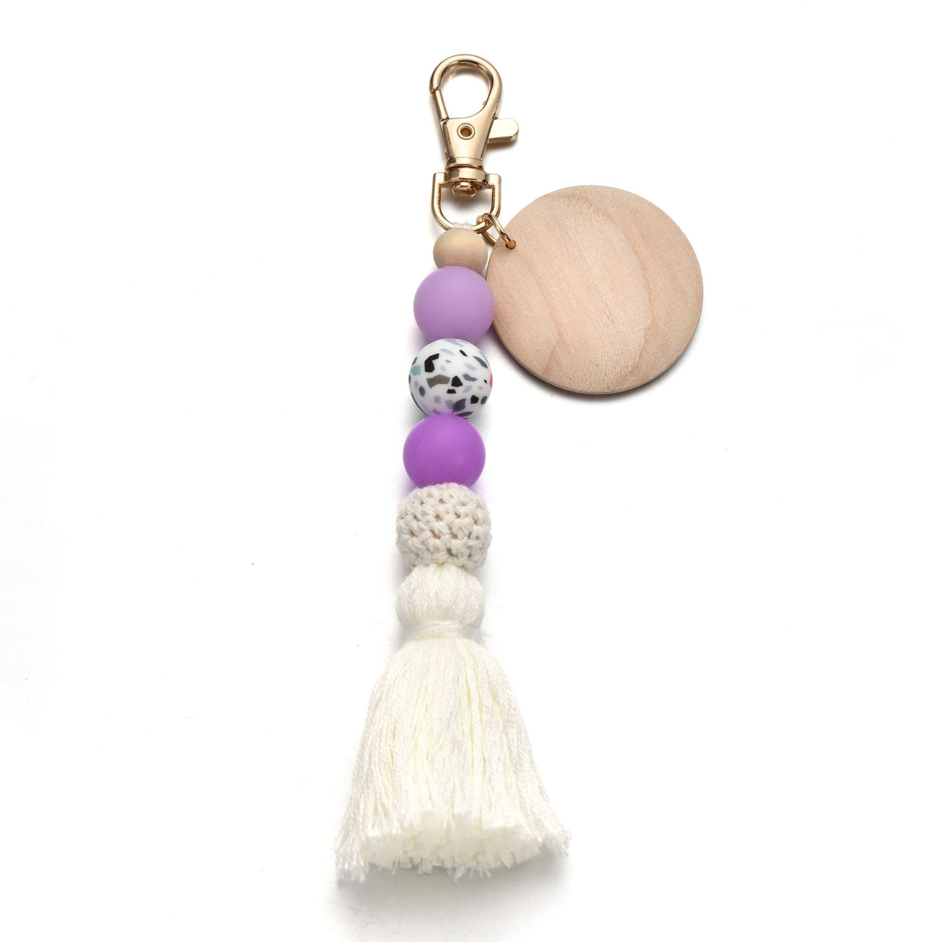 Wholesale Fluorescent Silicone Bead Wood Chip Tassel Keychain